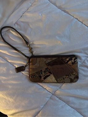 Coach Brown Patchwork Leather and Fabric Wristlet